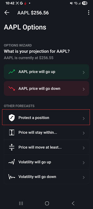 The option wizard protect a position on the android phone